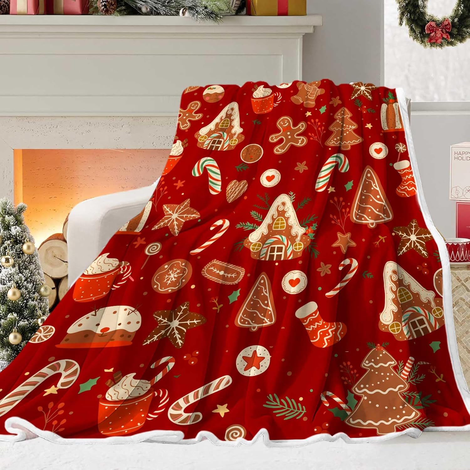 Pink Christmas Gingerbread Man Throw Blanket, Winter Cute Star Snowflakes Candy Cane Throws Blankets, Xmas Soft Lightweight Holiday Blanket for Couch Sofa Bed Chair Living Rooms Decor