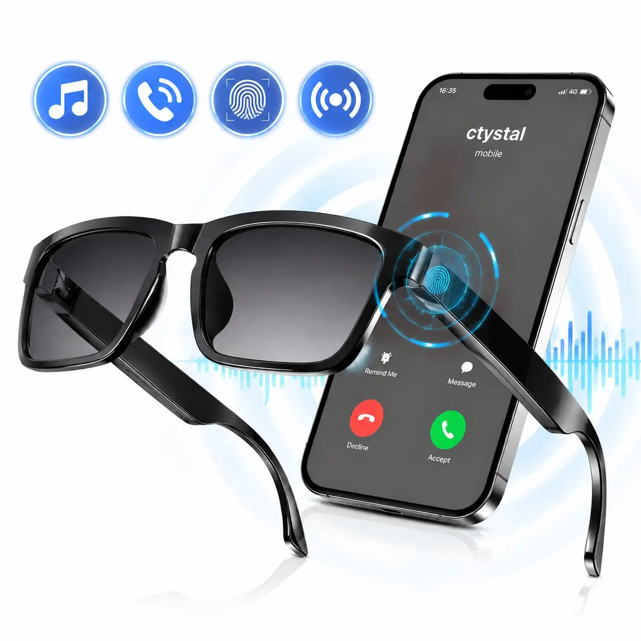 Wireless Bluetooth Smart Sunglasses with Built in Microphone and Open-Ear Speaker, Voice and Touch Controls, UV Protection Audio Glasses for Music, Calls, Work and Outdoor Activities