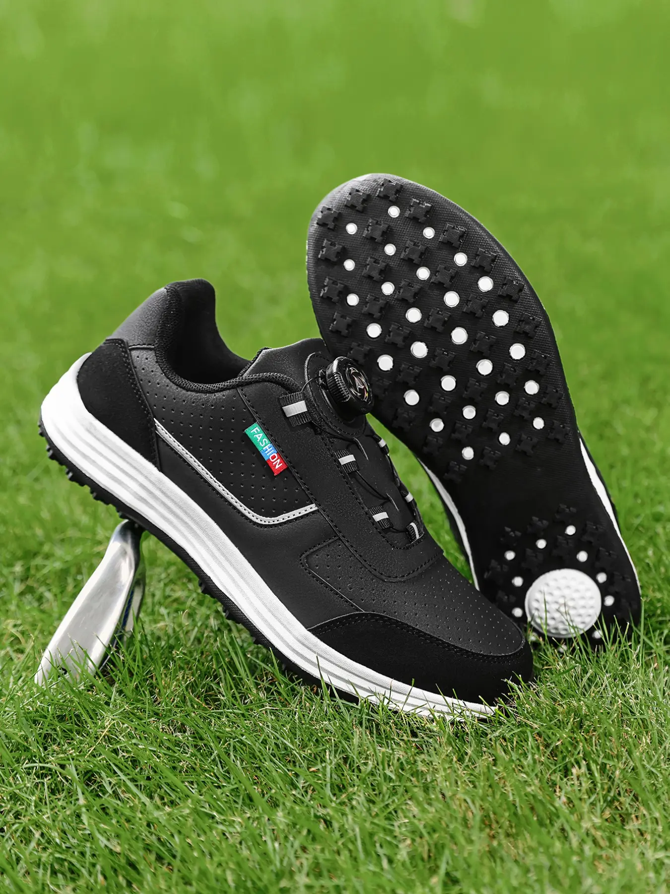 Men's Golf Shoes New Fashion Simple Patchwork Design, PU Leather Upper, Rubber Sole, Anti-Slip, Casual Outdoor Sports Shoes, Golf Spike Shoes