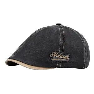 Retro British Style Washed Distressed Beret Hat with Letter Embroidery Unisex Adjustable Newsboy Flat Cap Painter Peaked Hat Casual Vintage Headwear for Streetwear & Daily Wear