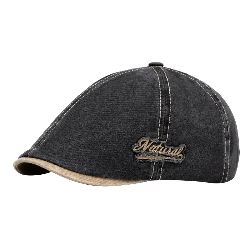 Retro British Style Washed Distressed Beret Hat with Letter Embroidery Unisex Adjustable Newsboy Flat Cap Painter Peaked Hat Casual Vintage Headwear for Streetwear & Daily Wear