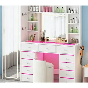 Women's White Stylish Color-Tuned Drawer-Equipped RGB Makeup Vanity Desk with Full-Length Mirror, Charging Station, Transparent Top, 10 Storage Shelves, LED Lights, Organizer - Indoor Bedroom Furniture, Stylish Makeup Vanities