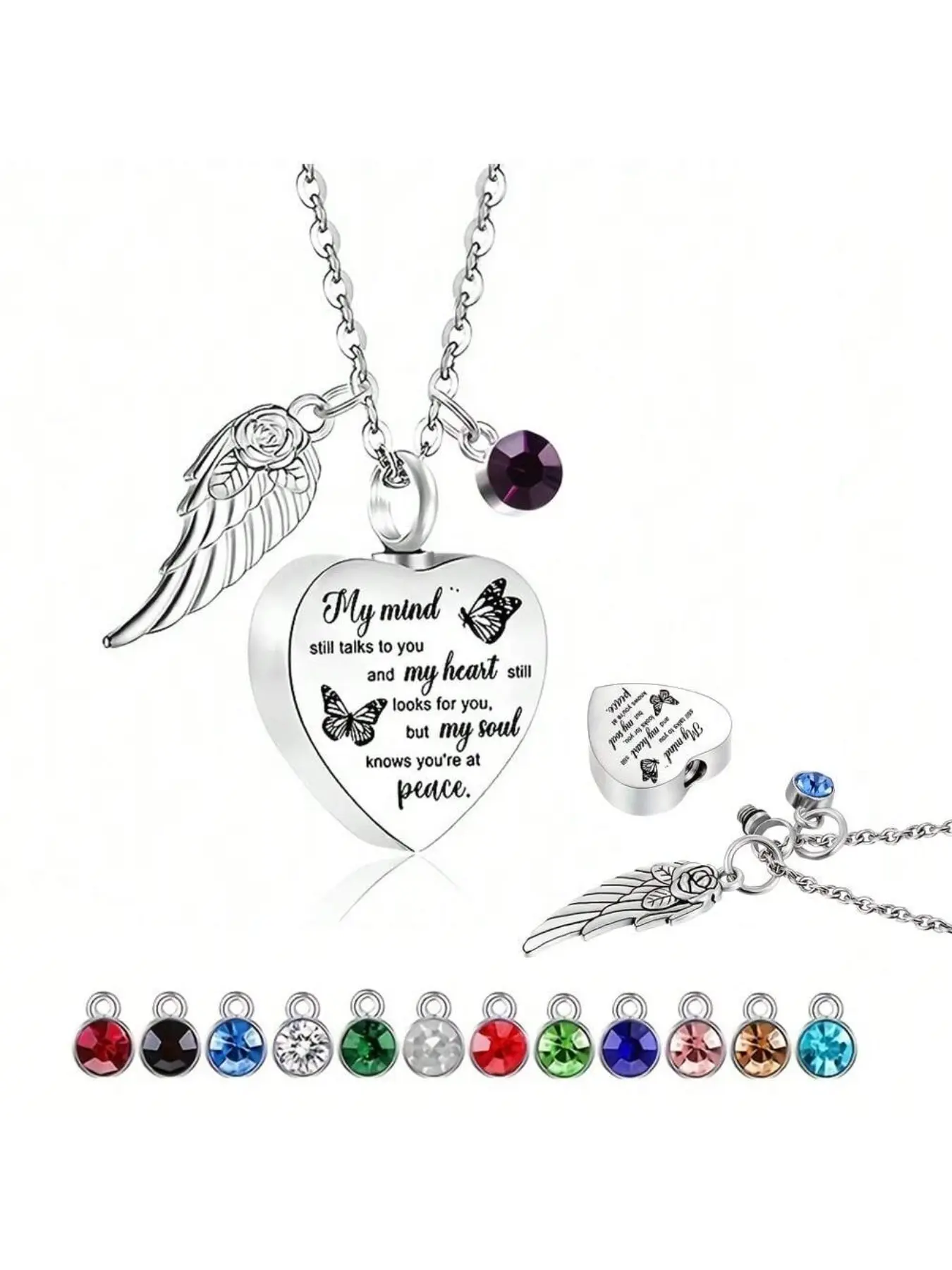 1Pcs Cremation Heart Urn Necklace for Ashes for Women with 12 Birthstones, Cremation Ashes Jewelry Keepsake with Angel Wing