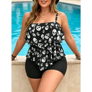 2026 New Women Plus Size 2 Piece Skull Print Tankini Set, Square Neck Double Ruffle Spaghetti Strap Tank Top Solid Black Boyshort Bottom Tummy Control Modest Bathing Suit for Beach Pool Vacation #SwimWeek #SummerVibes