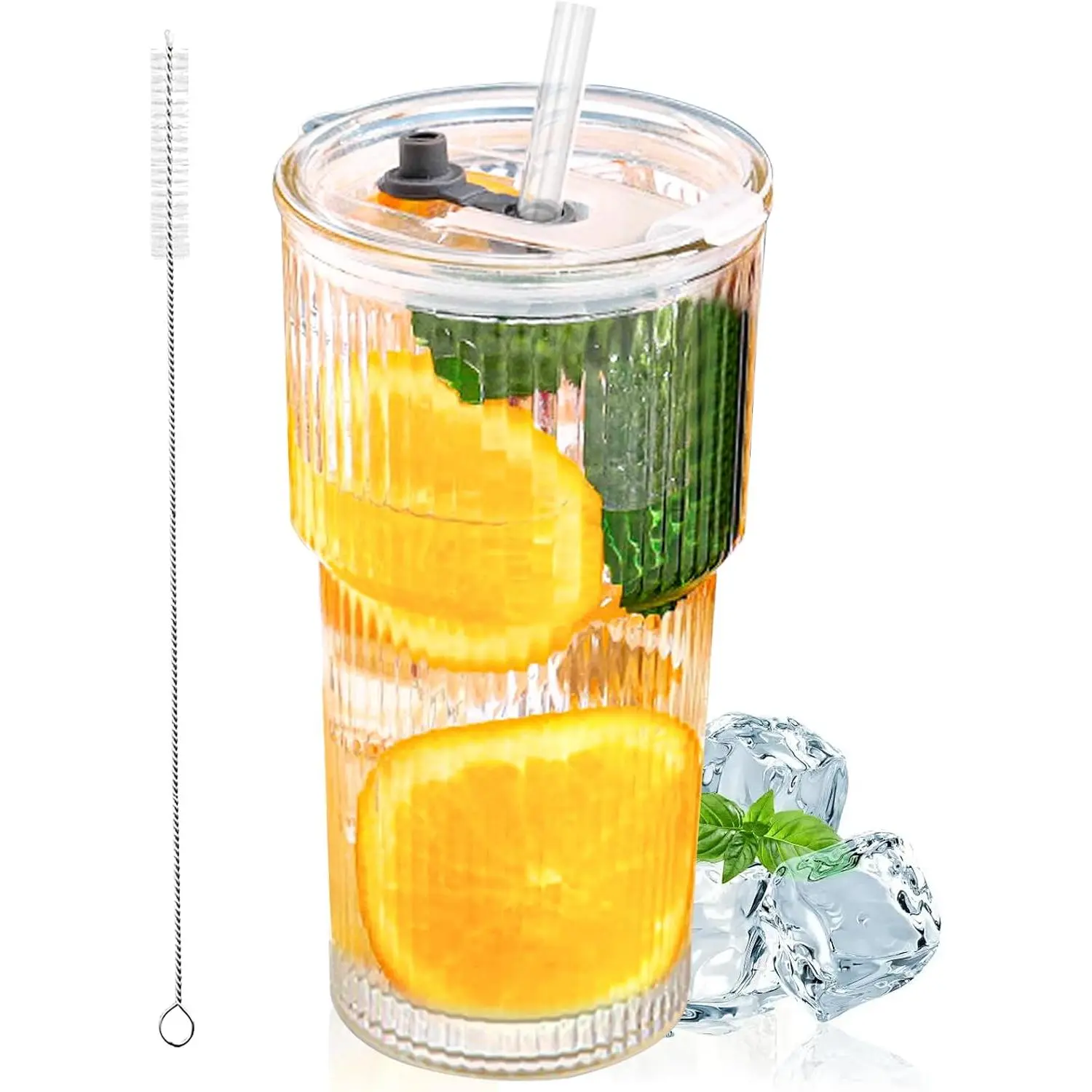 20oz Glass Tumblers with Lid and Straw, Ribbed Glass Iced Coffee Cup with Lid, Wide Mouth Thickened  Glass Cup, Drinking Glasses Tumbler for Smoothieds, , and Juices