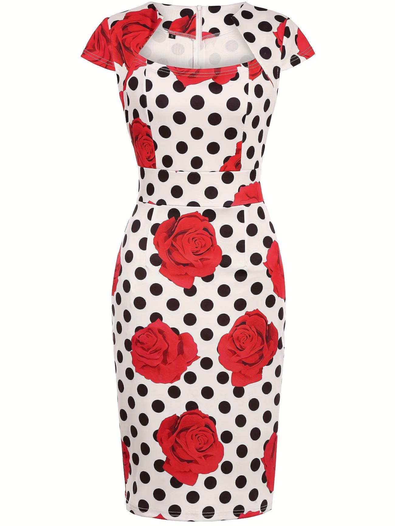 Vintage Cocktail Dress Cap Sleeve 1950s Retro Pencil Dress Wear to Work Dresses for Women Summer Hot Fashion Dress Polka Dot Rose Print Square Neck Short Sleeve Bodycon Dress