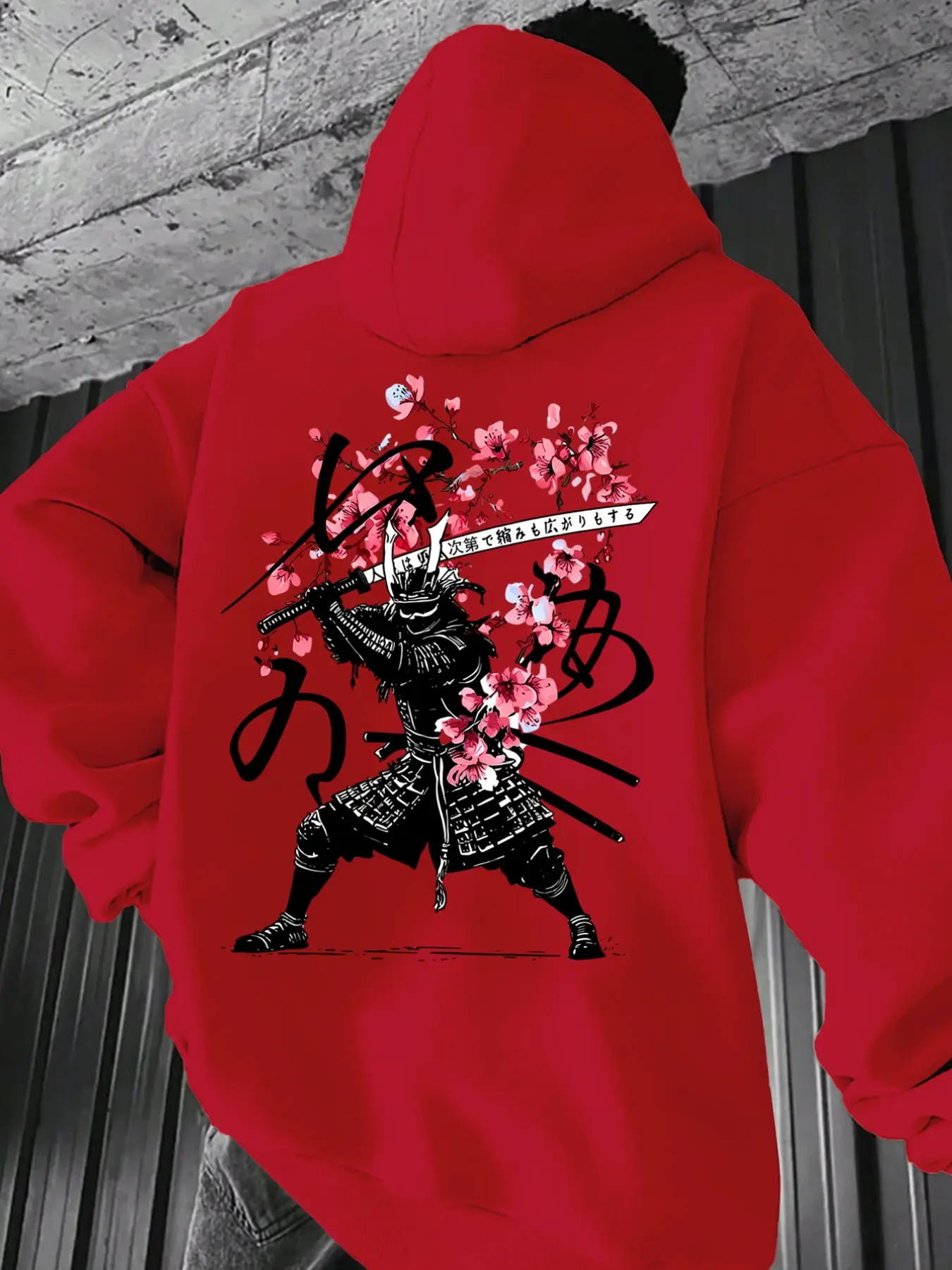 Japanese Samurai Cherry Blossom Print Fleece Hoodie, Casual Loose-Fit Sweatshirt, Trendy Fall & Winter Fashion, Comfortable Daily Wear