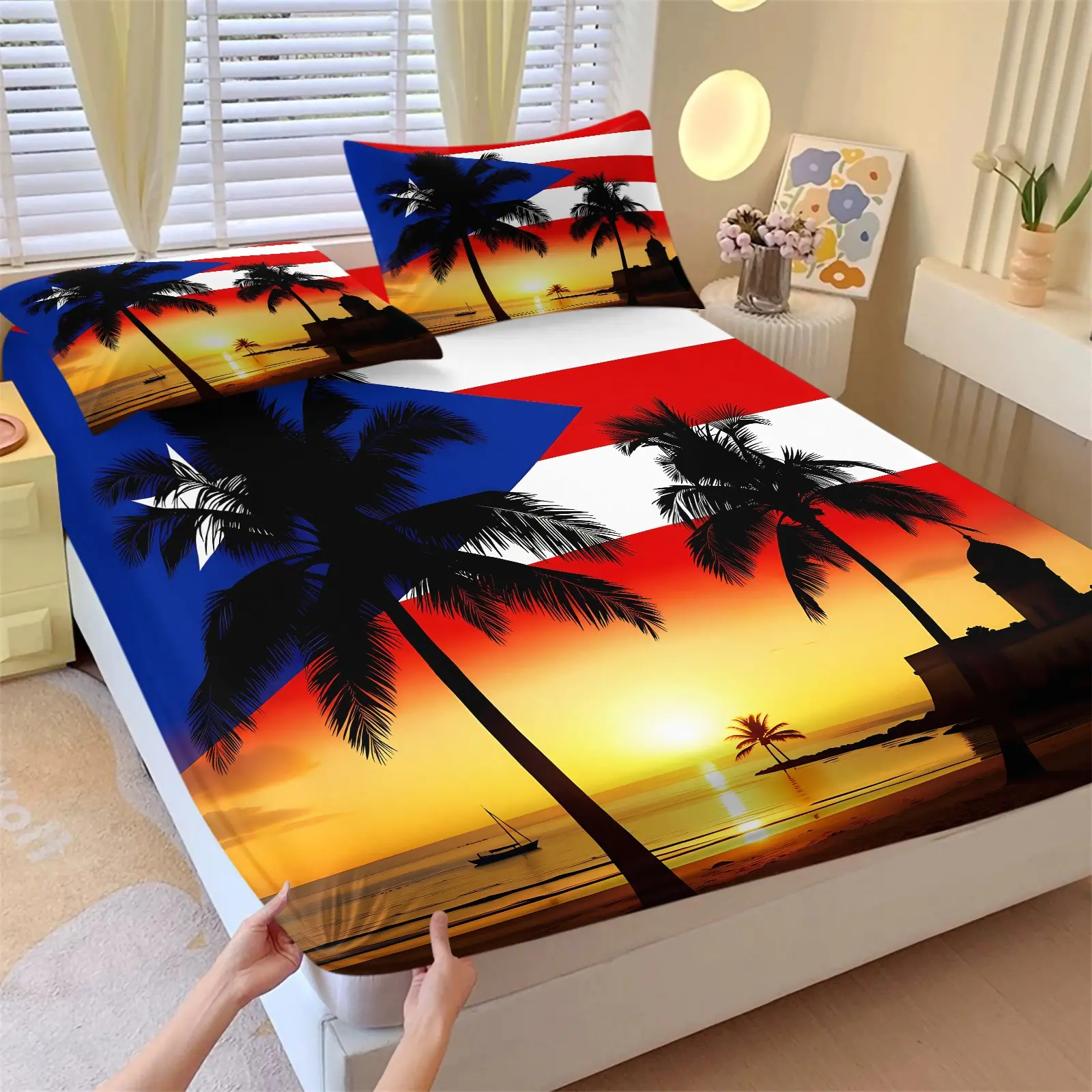 Puerto Rico Flag Sunset Palm Tree Fitted Sheet Set, 1 Fitted Sheet + 2 Pillowcases - 3 Piece, Soft Microfiber Deep Pocket All Season, Puerto Rico Pride Bedroom Decoration, Gift for Puerto Rican Enthusiasts