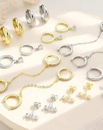 MILACOLATO 6Pairs Gold/Silver Earrings for Women Hypoallergenic Earrings Surgical Steel Cubic Zirconia Stud Huggie Hoop Cartilage Earring Set Chain Dangle Helix Hoop Earring Stack for Multiple Piercings