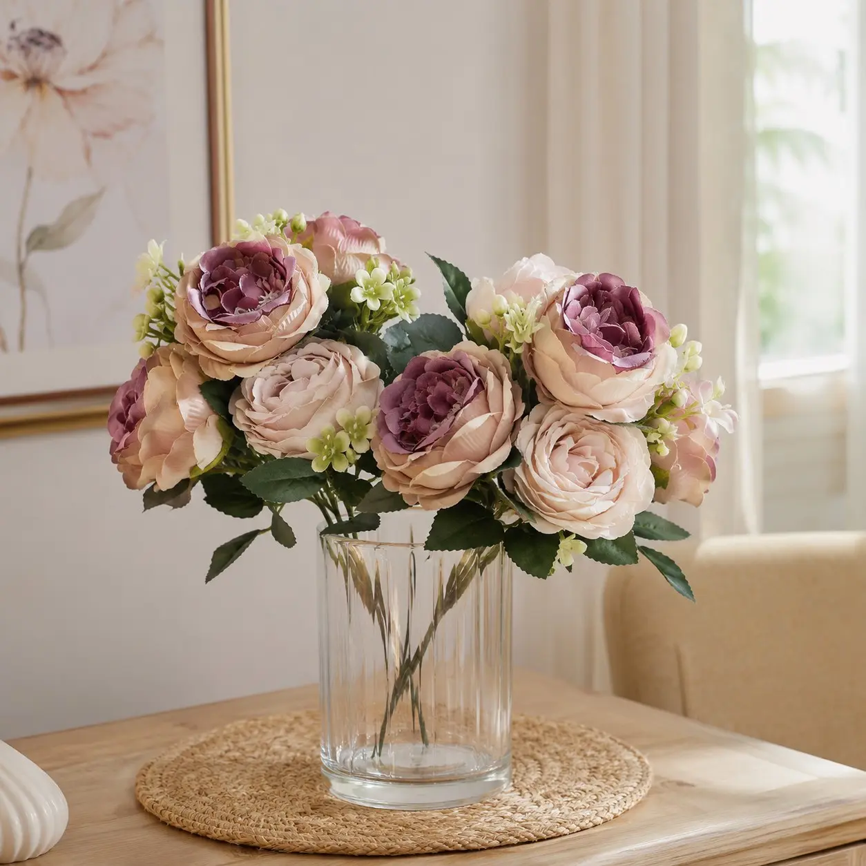 2 Piece Artificial Peony Spray Flowers Blush Mauve Faux Floral Bouquet Set with Bendable Wired Branches for Vase Home Wedding Centerpiece Gift DIY Craft Bridal Shower Party Birthday Decoration Table Shelf Bedroom Office Romantic Decor