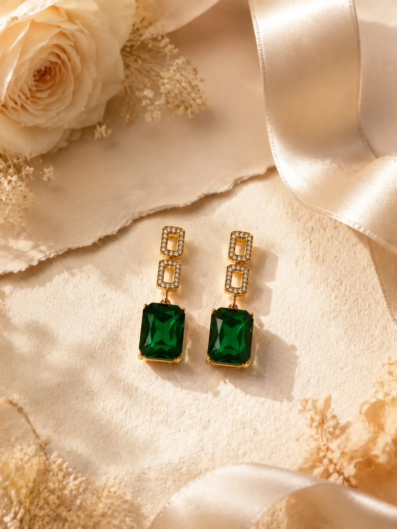 1 Pair Emerald Green Drop Earrings Luxury Gold Crystal Statement Earrings Elegant Fashion Jewelry for Women Sparkly Rectangle Dangle Earrings Bridal Party Birthday Gift Daily Wear Chic Glamorous Accessories for Modern Feminine Style Outfit