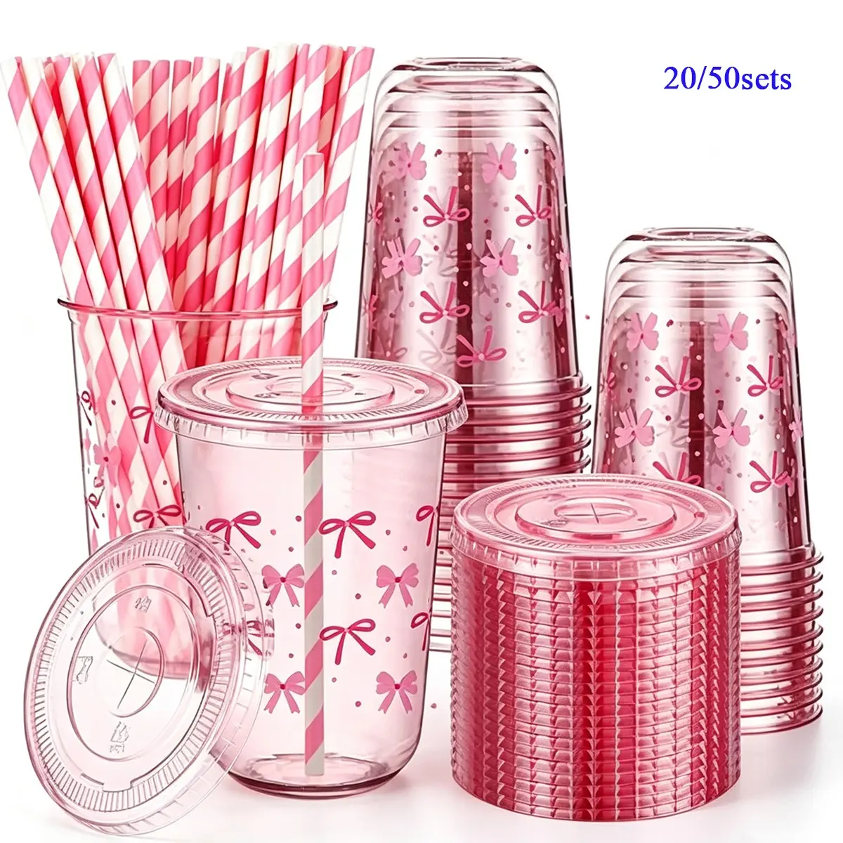 20/50 Set 16oz Pink Bow Clear Plastic Cups with Lids and Paper Straws, Ideal for Iced Coffee, Smoothies, Juice, Party Supplies