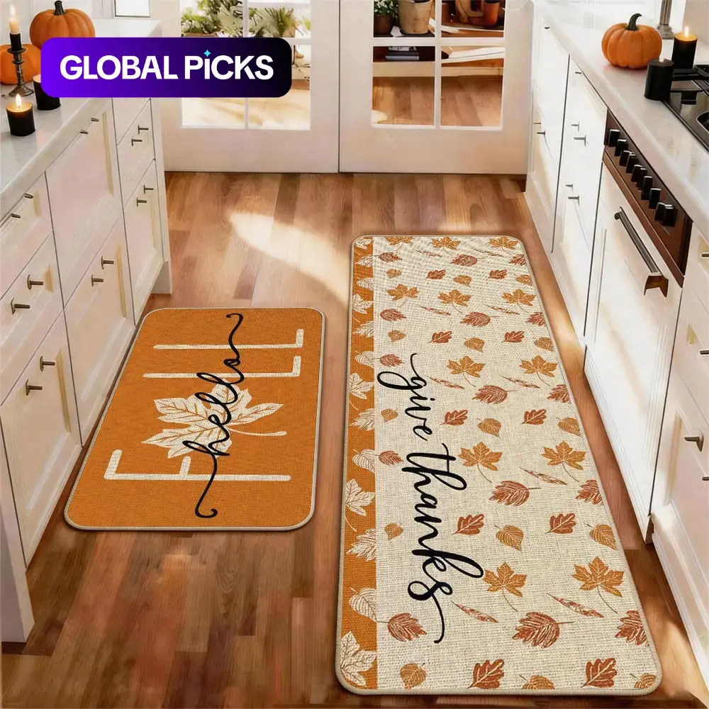 2pcs Thanksgiving Fall Kitchen Mat Gug Set with Pumpkin Maple leaves Pattern, Non-Slip Soft Low Profile,Floor Mat Set Farmhouse Kitchen Rug Dining Room Flooring Laundry Room Decor Carpet Mat, Decorative Rug Mat, Decorative Area Rug