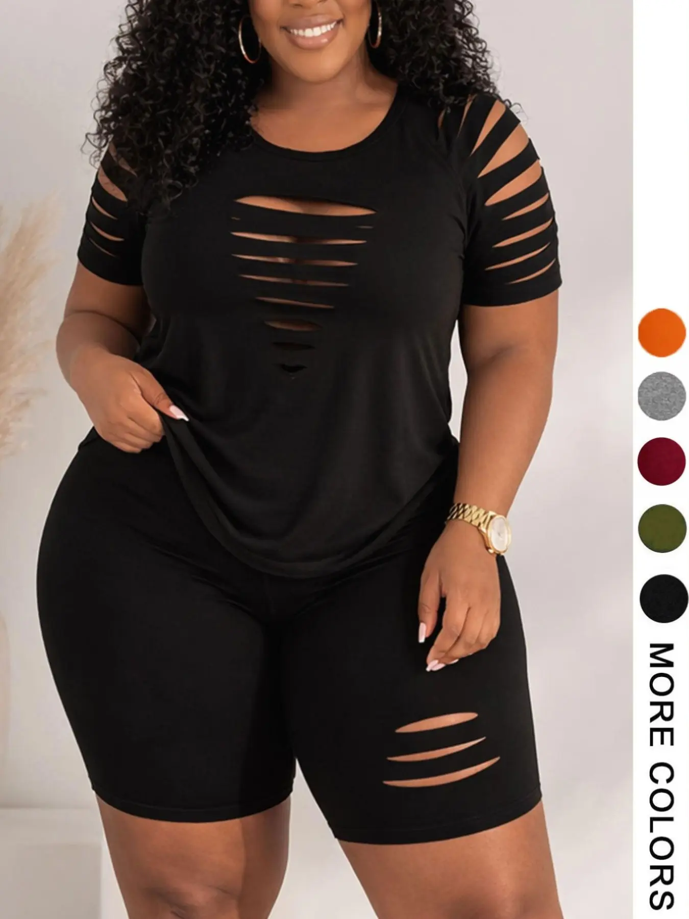 Plus Size Cutout 2 Piece Outfit Clothes, Black Short Sleeve Top and Biker Shorts Set, Curvy Casual Summer Loungewear Tracksuit for Women Womenswear