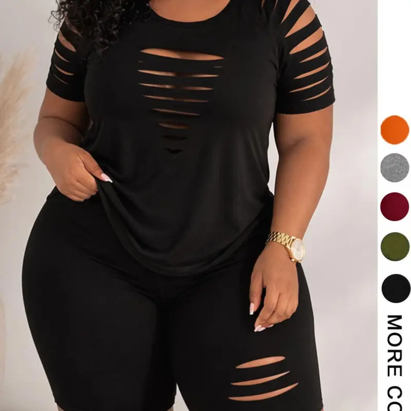 Plus Size Cutout 2-Piece Set, Black Short Sleeve Top and Biker Shorts, Casual Summer Curvy Outfit for Women, Outfit Sets Women, Womenswear