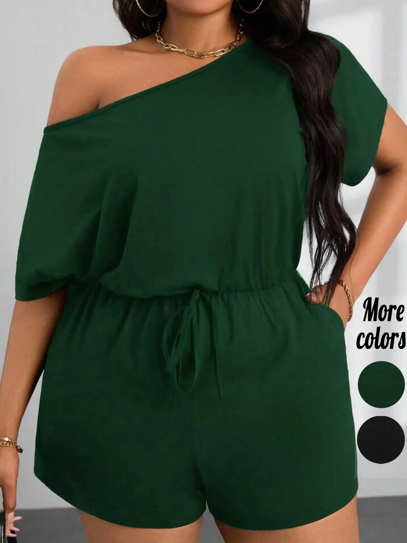 Plus Size 1 Piece One Shoulder, Batwing Short Sleeve Drawstring Waist Casual Romper Jumpsuit, Off Shoulder Summer Streetwear, Soft Lightweight Fabric, Adjustable Waist Tie & Side Pockets Design, Ideal for Daily Wear, Vacation, Beach Trips & Weekend Party