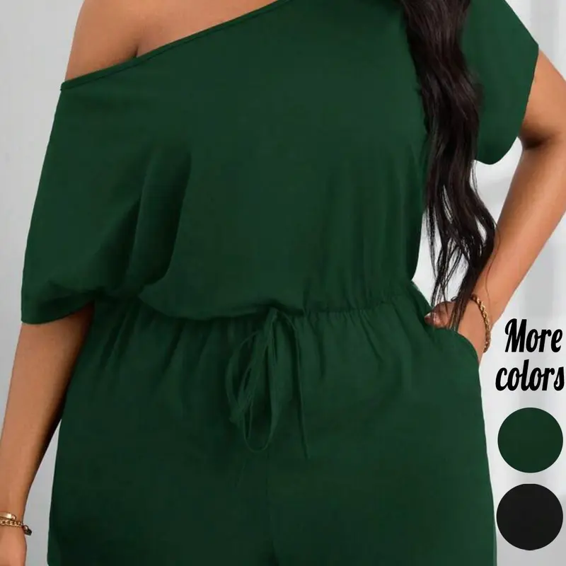Plus Size, Basic 1 Piece One Shoulder, Batwing Short Sleeve Drawstring Waist Casual Overalls Romper Jumpsuit, Off Shoulder Summer Streetwear, Lightweight Fabric, Adjustable Waist Tie & Side Pockets Design, Ideal for Daily Wear, Vacation, Beach Trips