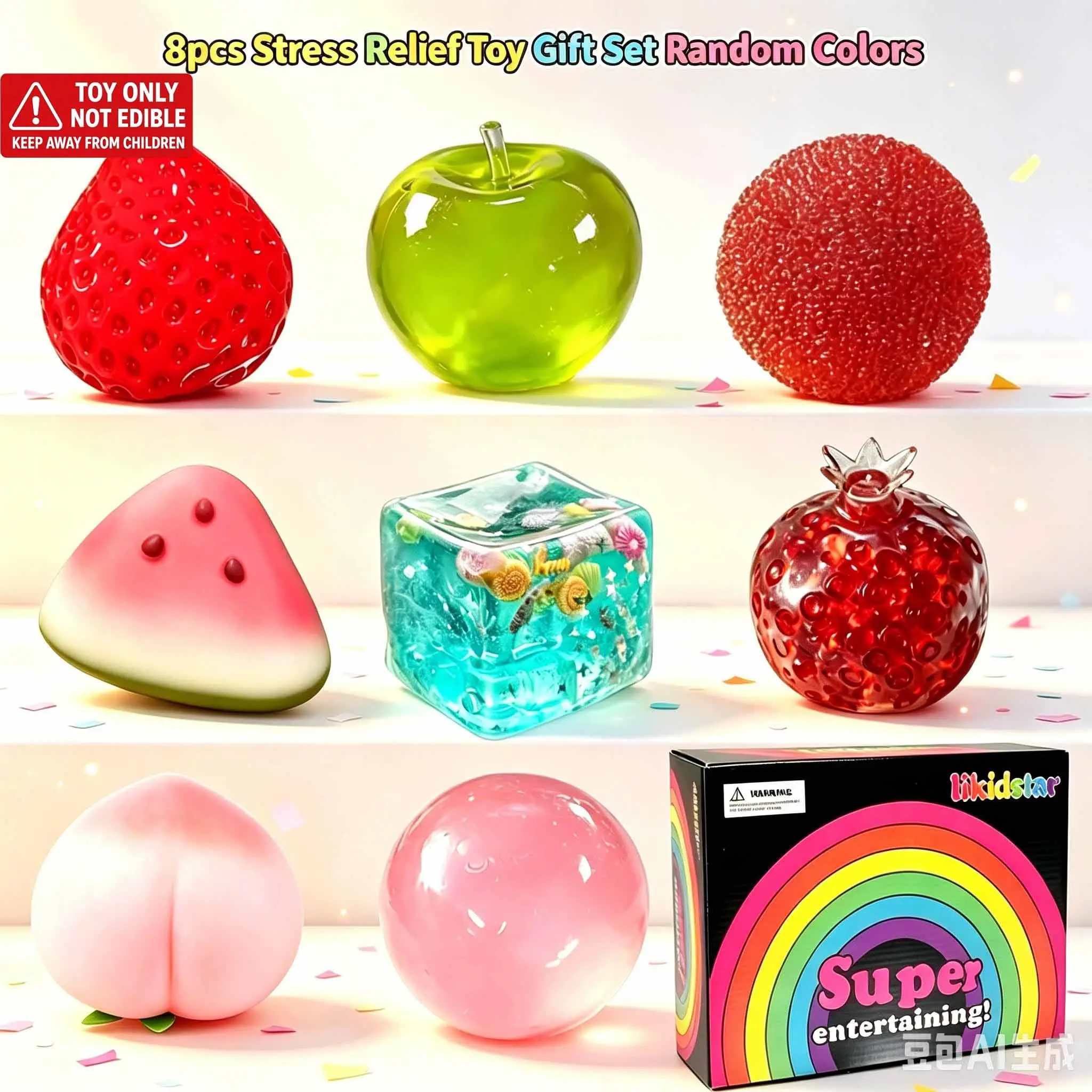 8Pcs Stress Relief Toy Gift Set, Cute Fruit, Ocean Block and Handmade Ball Shapes, Slow-Rebound Sensory Fidget Toys, Soft Squeeze Stress Relief Toys for Adults, Team Party Favors and Gifts (Random Colors)