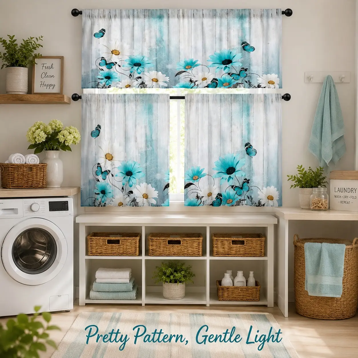 Vintage White Daisy & Teal Butterfly Fabric Print Butterflies Curtains 1 Set (3-Piece) Polyester Kitchen Curtain Set - 2 Cafe Tiers, Rod Pocket Valance, Window Drapes for Kitchen, Cafe Decor