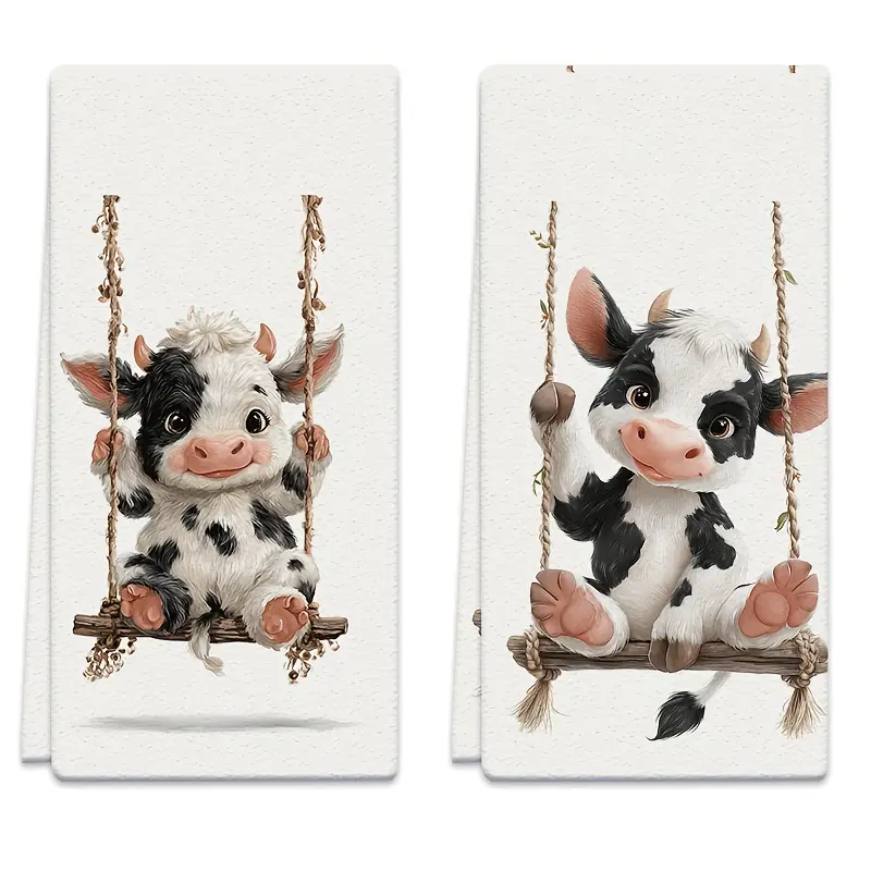 Set of 2 Farmhouse Kitchen Dish Towels, Cute Swing Baby Cow Print Decor Hand Towels, 16 x 24 Inch Soft Absorbent Tea Towels for Rustic Country Kitchen Home Decor