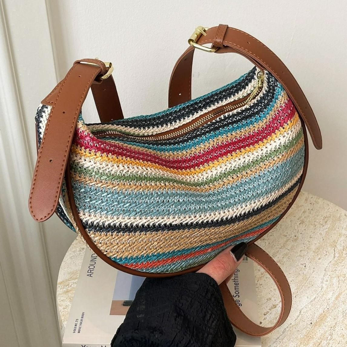 Summer Woven Bag for Women – New Style Large Capacity Cross-body Bag with Shoulder Strap – Rainbow Stripes Dumpling-Shaped Woven Fabric Tote for Daily Commuting