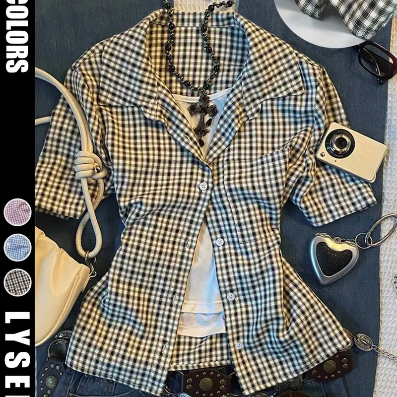 Summer New Y2K Style Casual Retro Sweet Cool Women's Short Sleeve Plaid Button Shirt Top, Casual Summer Tops, Trendy Fashion Top for Daily Wear, Comfortable and Stylish