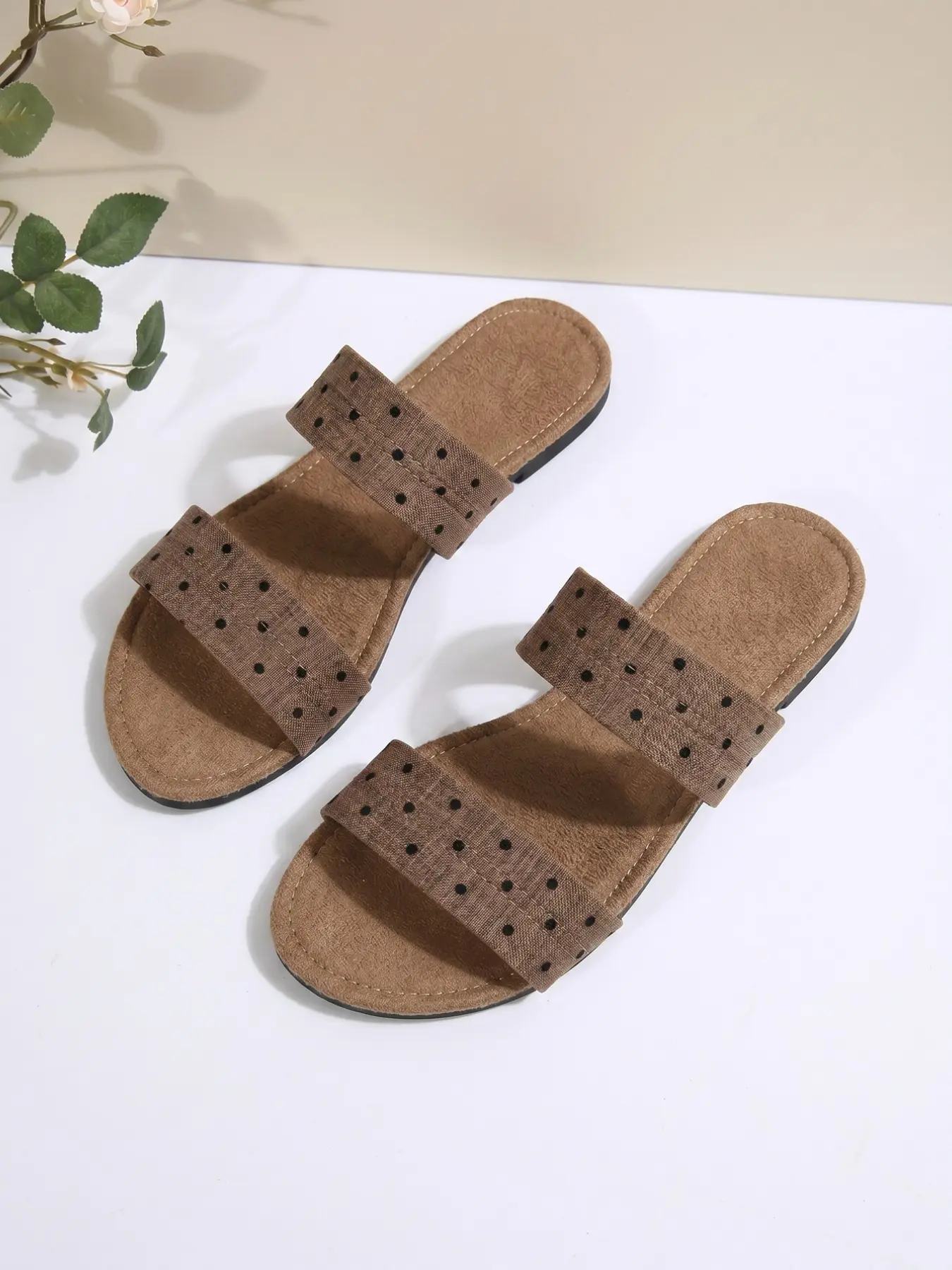 Summer Retro Maroon Suede Small Wave Dot Dual Parallel Wide Band Flat Sandals, Women's Fashion Synthetic Leather Rubber Sole Less Than Ankle Height