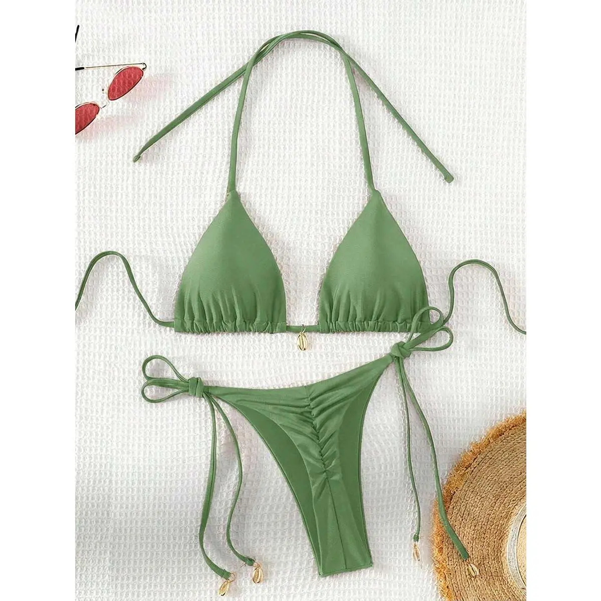 Women's 2025 2-Piece Metallic Underwire Bikini Set - Strapless Triangle Top, Tie-Side Swim Panty, Crisscross Sport Design, Beach Wear Outfits, Haltered Look, Solid Fabric, Split Detail (Grapent, Camouflage, Floral Options)
