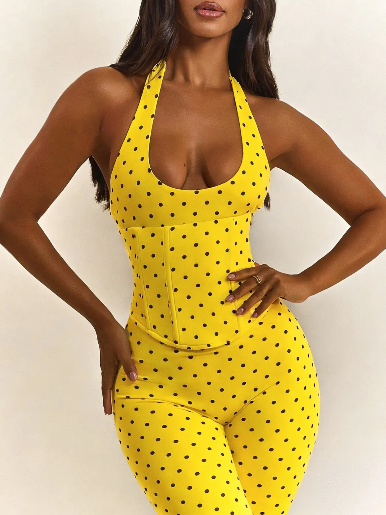 2026 New European and American Aesthetic Chic Fashion Women's Halter Neck Sleeveless Dot Fishbone Zipper Waist Fit Seven-Quarter Bodysuit Set with Belted Two-Piece Outfit