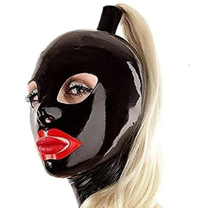 Latex Hood Mask Face Cover with Ponytail Wig Mask Women Men's Hood Unique Club Wear Headgear Sexy Cosplay Couples Face Mask Hood