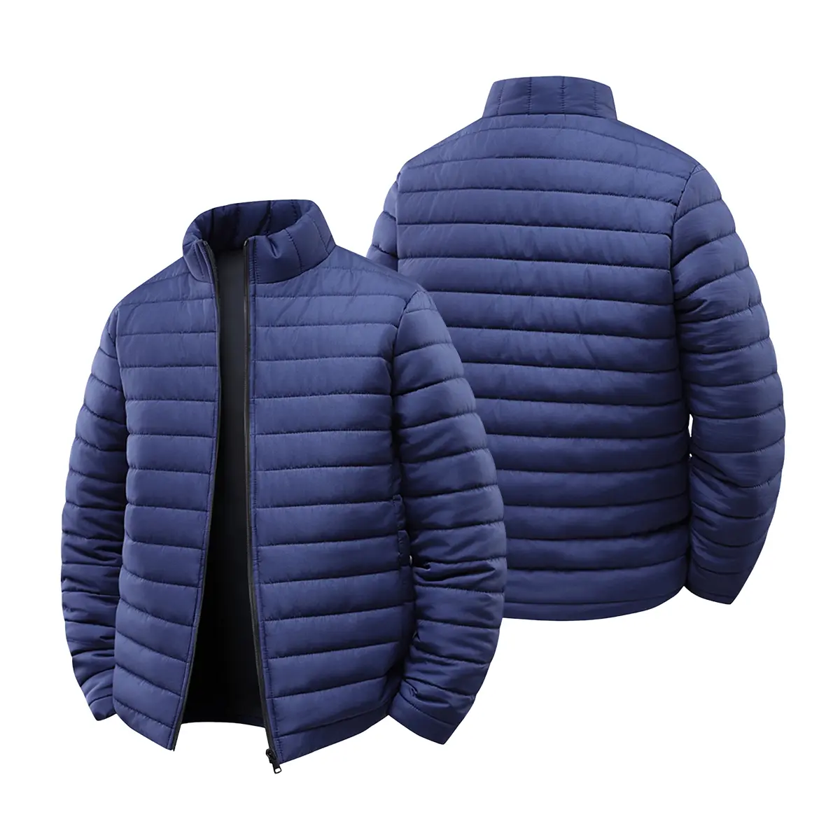 Men's stand up collar lightweight fluffy jacket, horizontal striped quilted zipper style padded jacket, warm and windproof long sleeved jacket with side pockets, suitable for daily commuting, outdoor hiking, travel, and cold weather daily street style mat