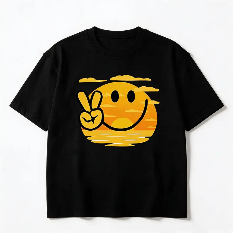 Oversized Short-Sleeve Vintage Ocean Sunset Happy Smiley Peace Hand Casual Tee, Versatile Layer Tops for Daily Wear, Shortsleeve