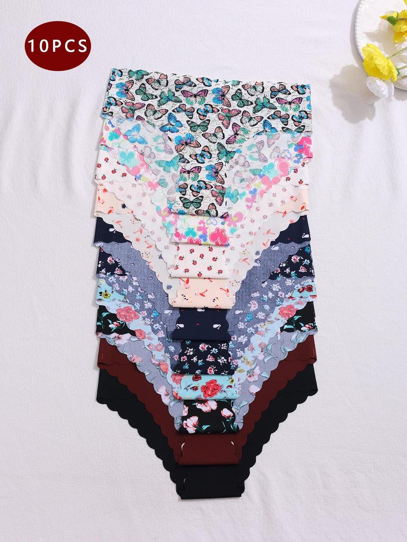 Women's Plain & All Over Print Solid Seamless Panty, Soft Comfy Breathable Knicker for Daily Wear, Underwear for All Seasons