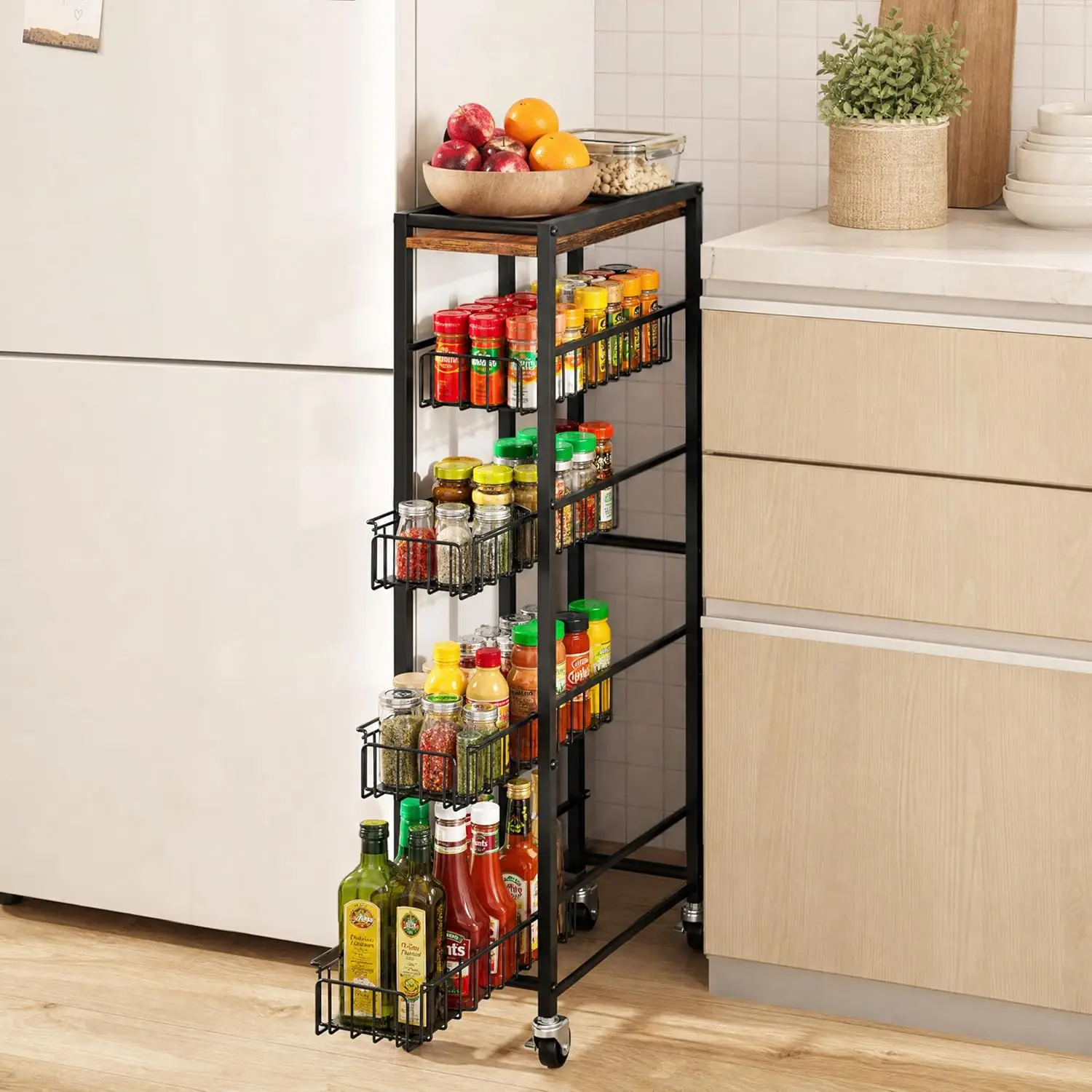 5-Tier Slim Rolling Cart Kitchen Utility Cart, Narrow Kitchen Cabinet with 4 Pull-Out Baskets - Versatile Rolling Storage Cart for Spices, Pantry & Bathroom Organization