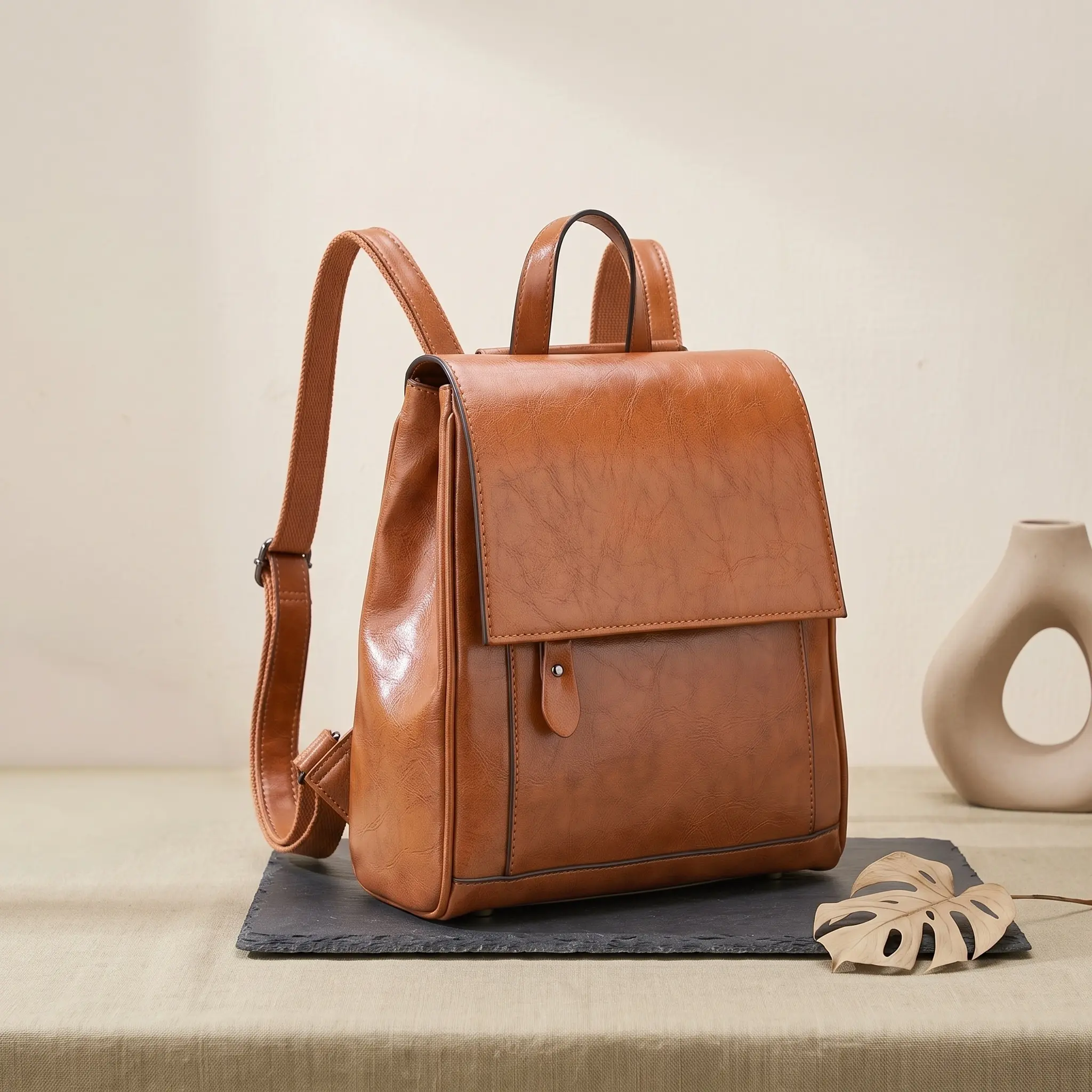 Vintage Top Grain Cowhide Leather Backpack for Women, Unisex Daily Travel & Commute Bag with Water Resistant Large Capacity, Flap Magnetic Snap Closure, Convertible Crossbody Strap, Roomy 2 Main Compartments & Slit Pocket for Back to School