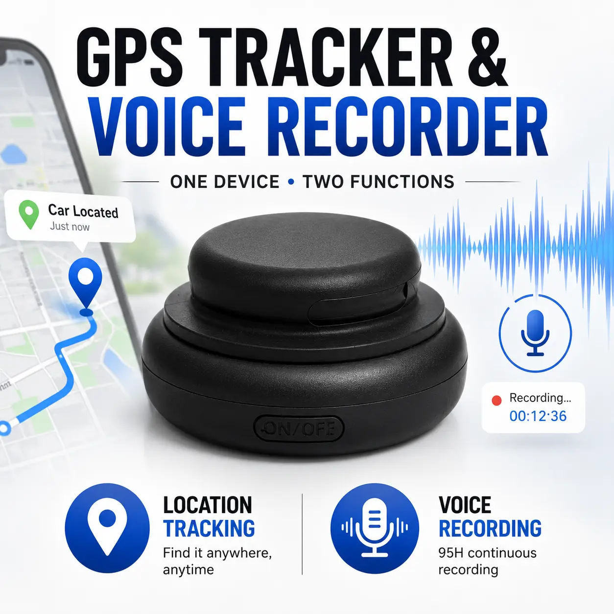 Portable GPS Tracker & Voice Recorder Combo Device - Android GPS Compatible, Global Tracking, Long Battery Life, Compact Discreet, Works with Phone, Mobile & Car Use, USB-Enabled Recording