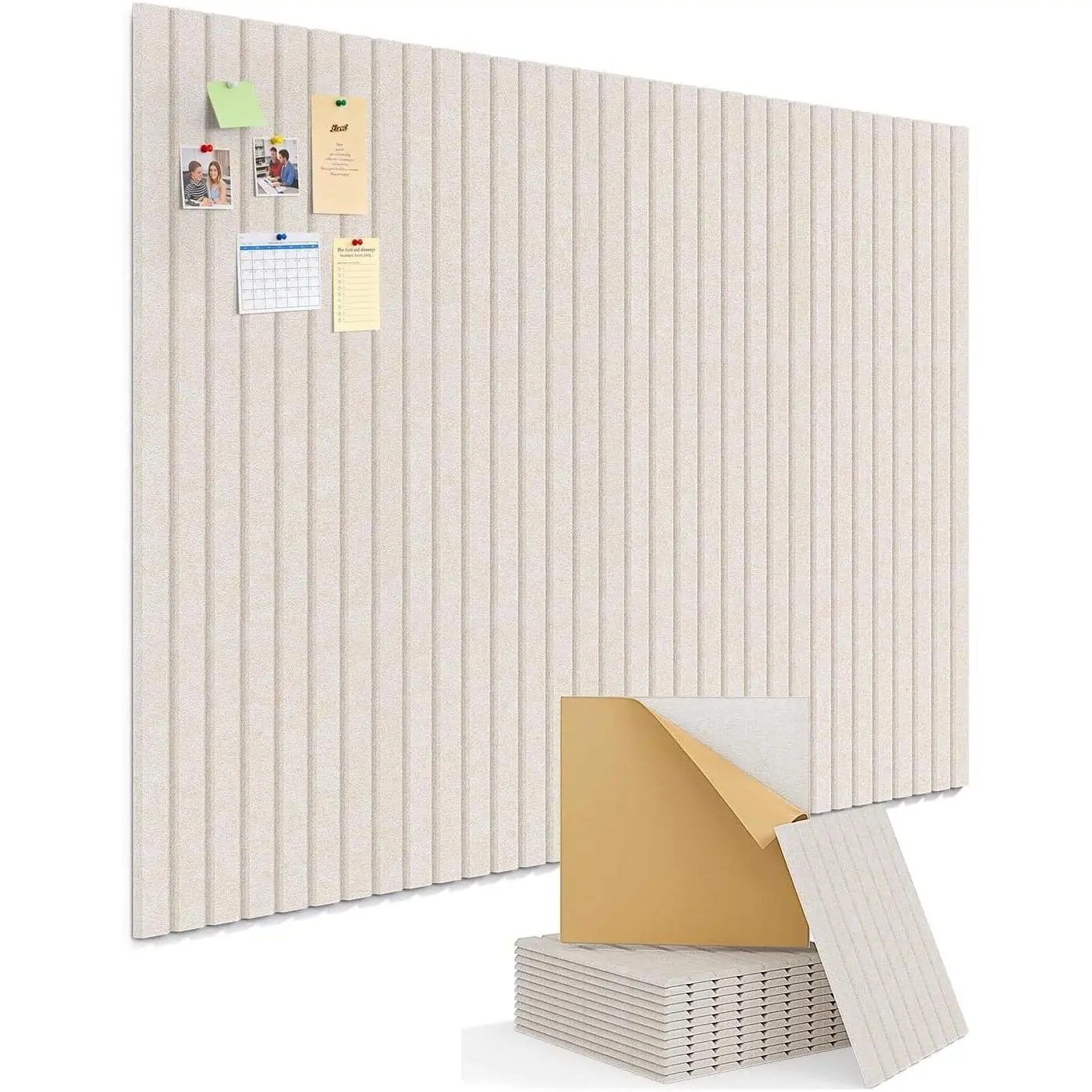 12-Pack Self Adhesive Felt Bulletin Board Tiles - Stripes Decor, Synthetic Customizable Cork Board Alternative, 48in x 36in Large Panels, Beige Memo Vision Wall Display Photo Organizer for Office Decor