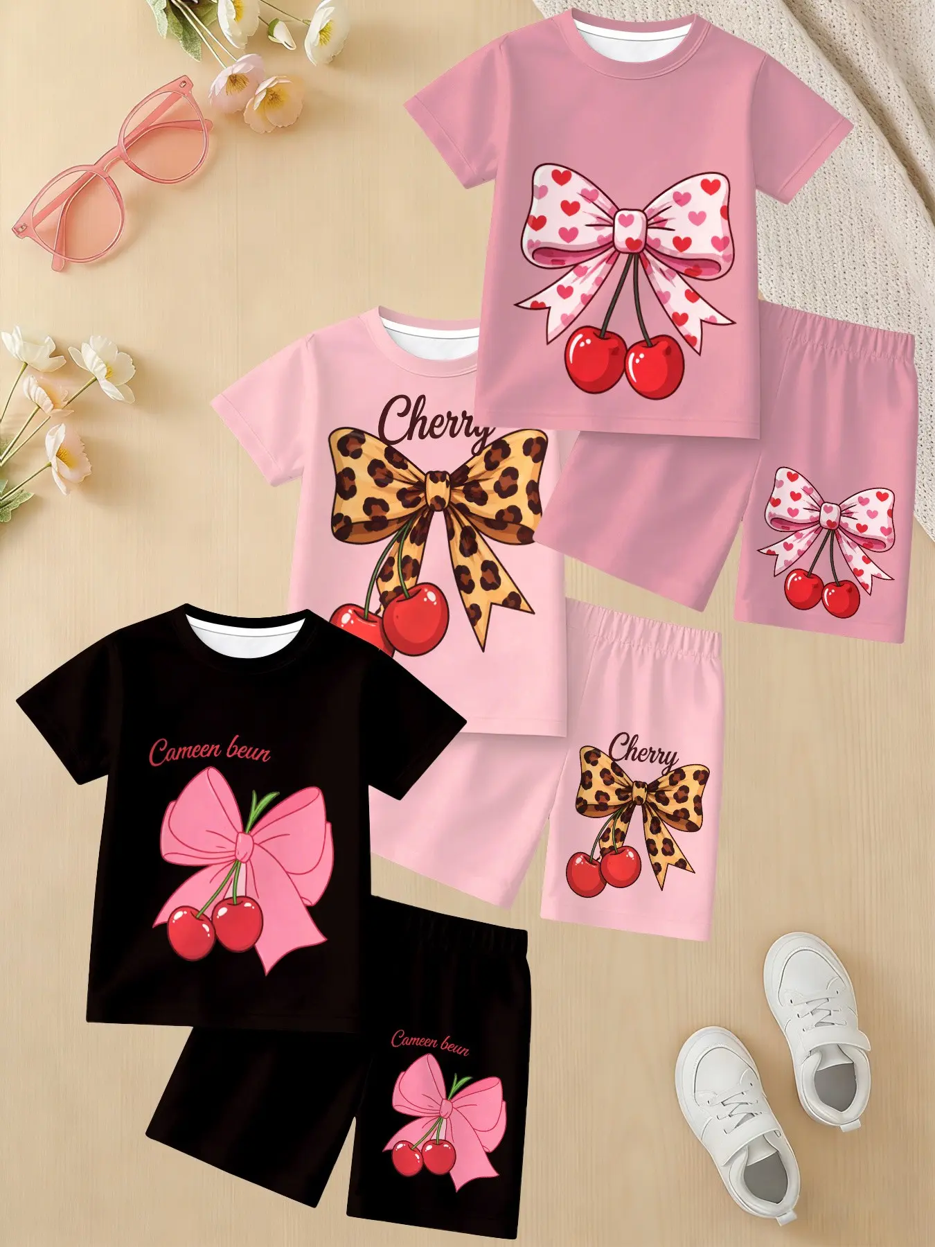 Girls' Cherry Bow Short Sleeve Set, Cute All-Over Print, Soft and Sweet Style, Perfect for Daily Wear, Three-Piece