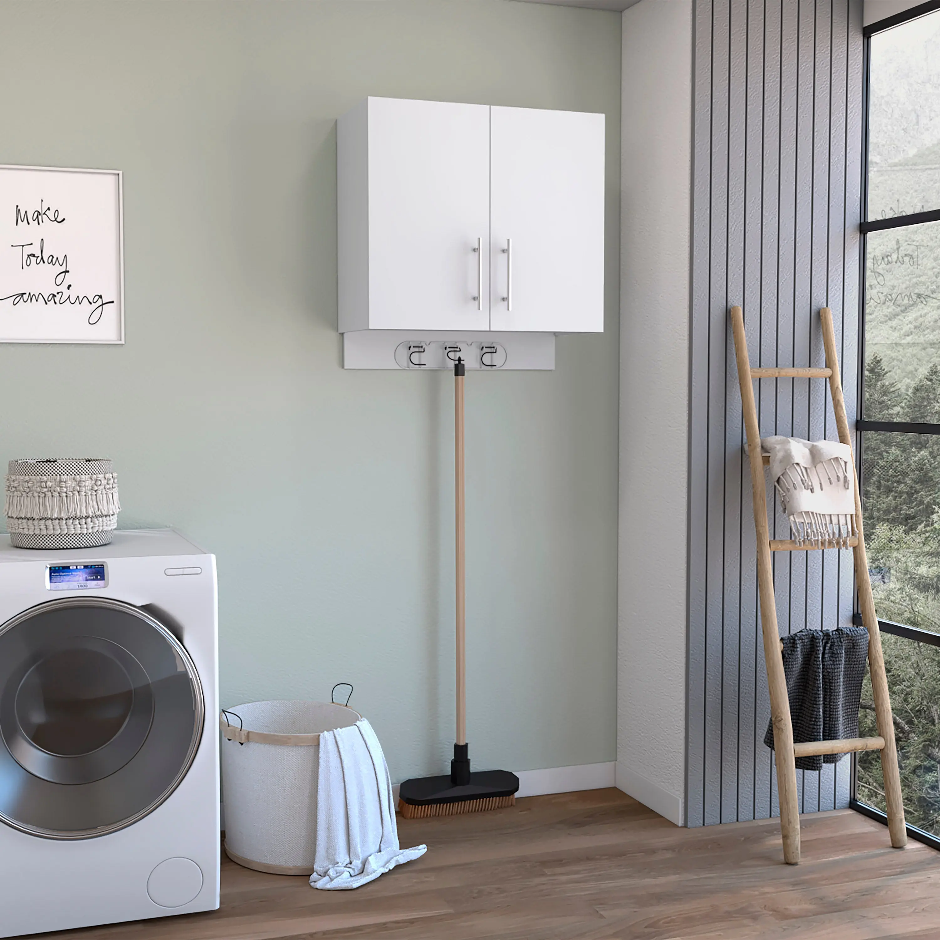 Nokaa Wall Mounted Storage Cabinet 27" H, 2 Doors & 2 Shelves, White Particle Board, 3 Broom Hangers, Metal Handles, for Kitchen Laundry Bathroom Organization, Secure Hidden Storage