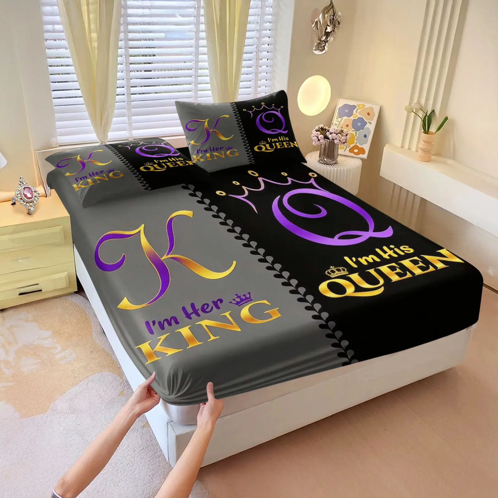 3Pcs Purple Gold Gradient Crown King Queen Fitted Sheet Set, Printed Bedding Set, Couple Letter Theme Print, Skin-friendly Smooth Fabric Machine Washable, Snug Fit No Shifting, Couple Home Decor Bedding For Valentine's Day & Anniversary
