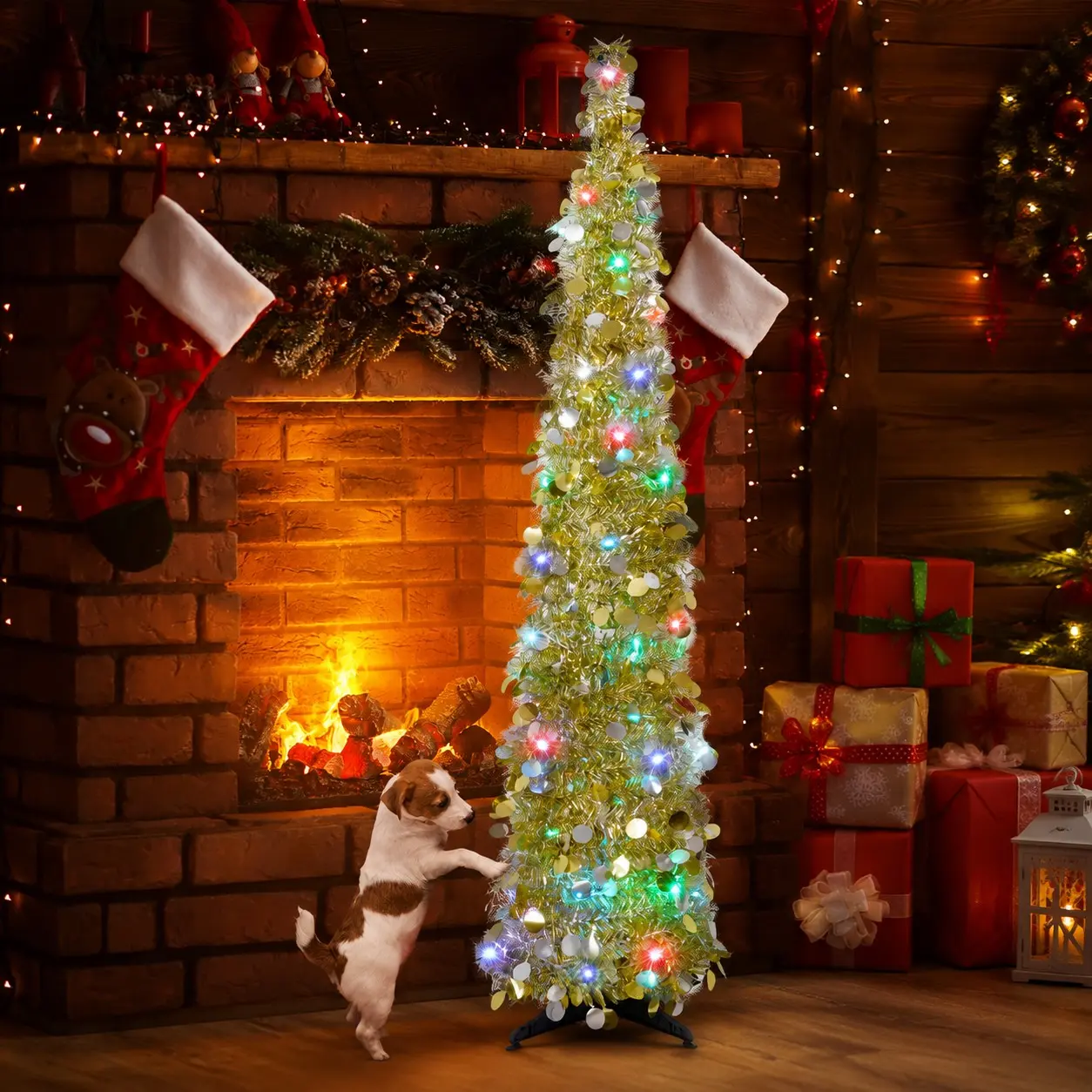 5-Foot Foldable Gold and Silver Christmas Tree, Multi-Color Slow Flash Lights, Timer Function, Ideal for Home Decor, Indoor Outdoor Use