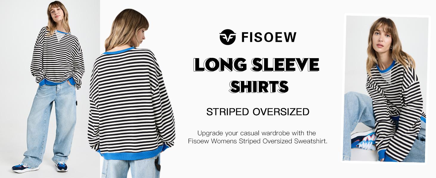 【Up To 3XL】FMEYOA Womens Striped Oversized Sweatshirt Color Block Crew Neck Long Sleeve Shirt Casual Loose Pullover Top Y2K Clothes