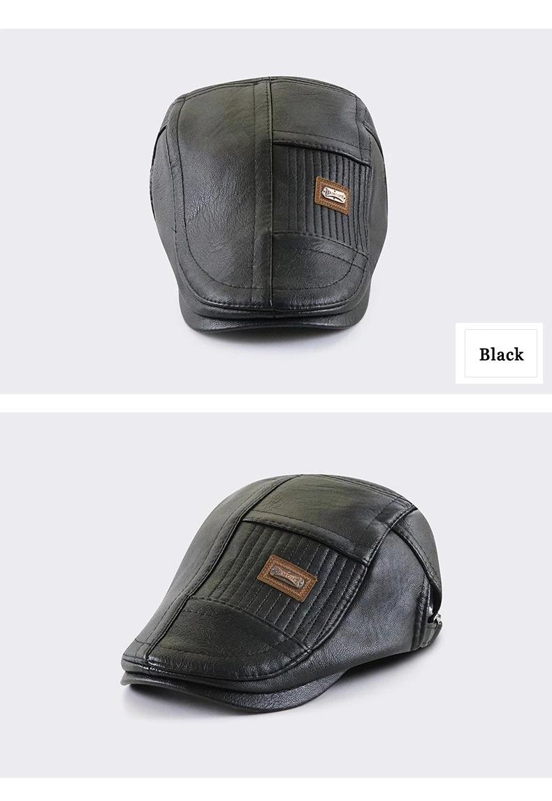 PU Leather Beret Hat Men Autumn Winter Faux Leather Duckbill Newsboy Cap Herringbone Middle-aged Men's Flat Peaked Cap For Dad