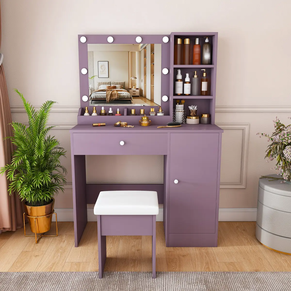 [Bellemave]Stylish Vanity Desk Set with Padded Stool & Adjustable Lighted Mirror (Round Bulbs, 3 Color Modes),  Modern Bedroom Makeup Vanity Desk Combo, Purple