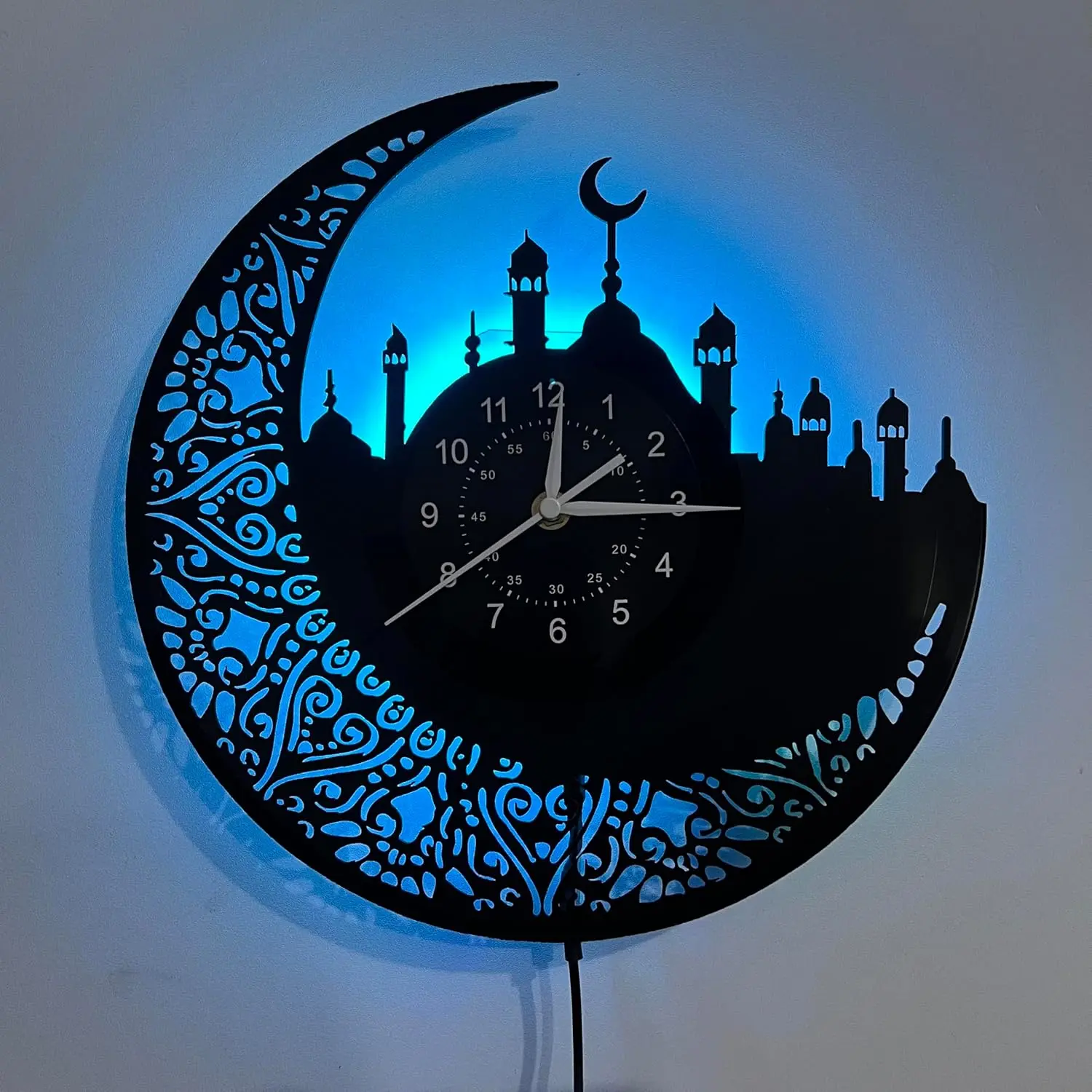 Arabic Calligraphy Islamic Wall Clock - Handmade Vinyl Silent Mechanical Clock with 7 Color LED Lights, Retro Room Gift, Islamic Home Decor, Artistic Craftsmanship