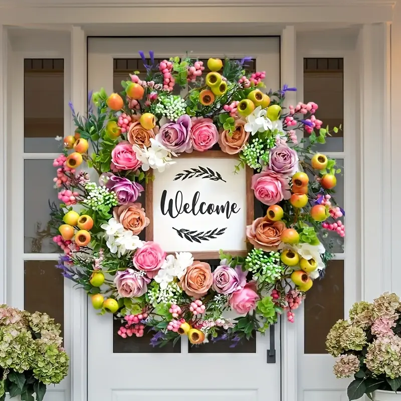 18-Inch Spring/Summer Welcome Wreath – Artificial Berries and Floral Decor with "Welcome" Sign; All-Season Wall and Window Decoration; Ideal for Mother's Day, Graduation Gifts, Front Doors, and Summer Decor.