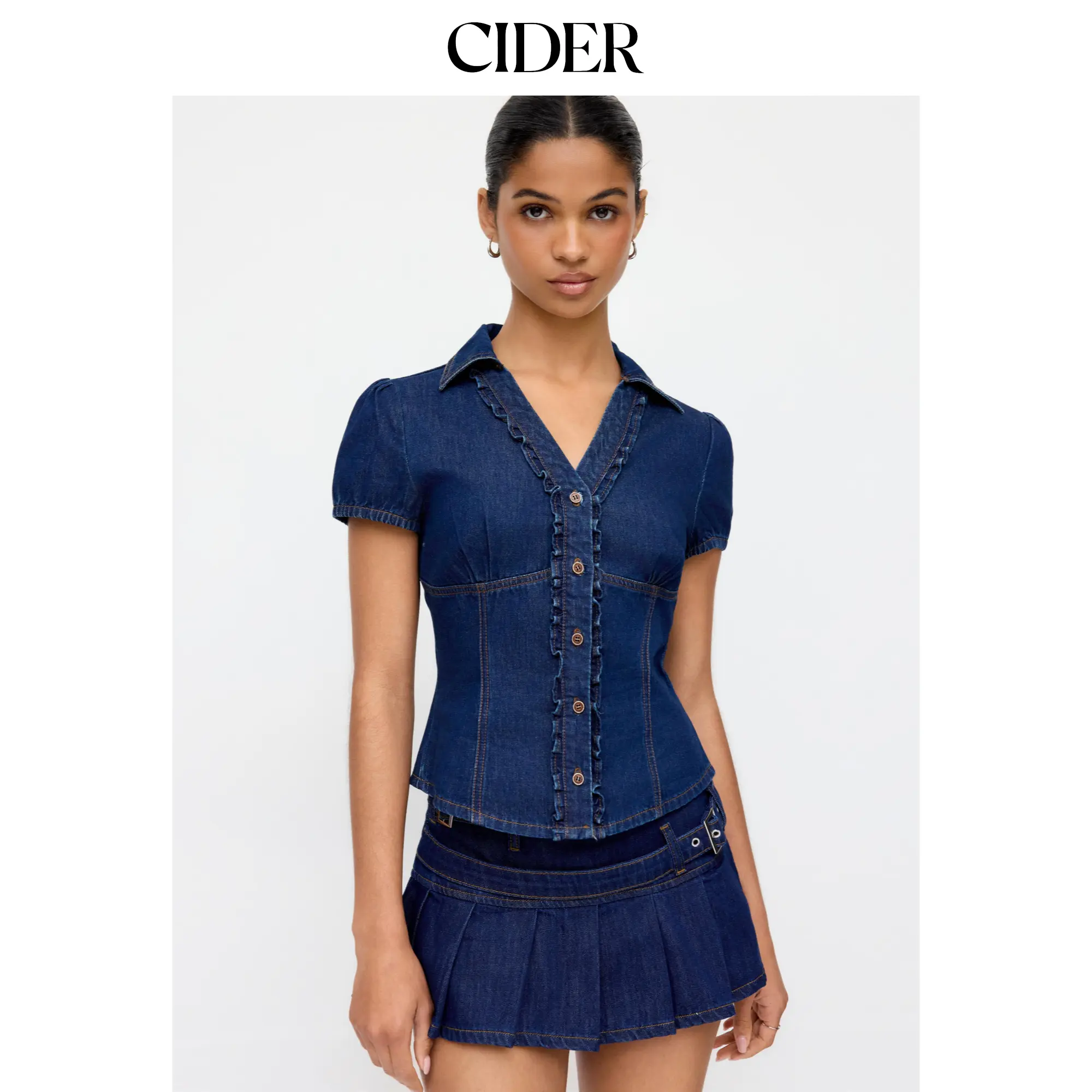 Cider Denim Ruched Front Metal Button Short Sleeve Blouse SummerFinds