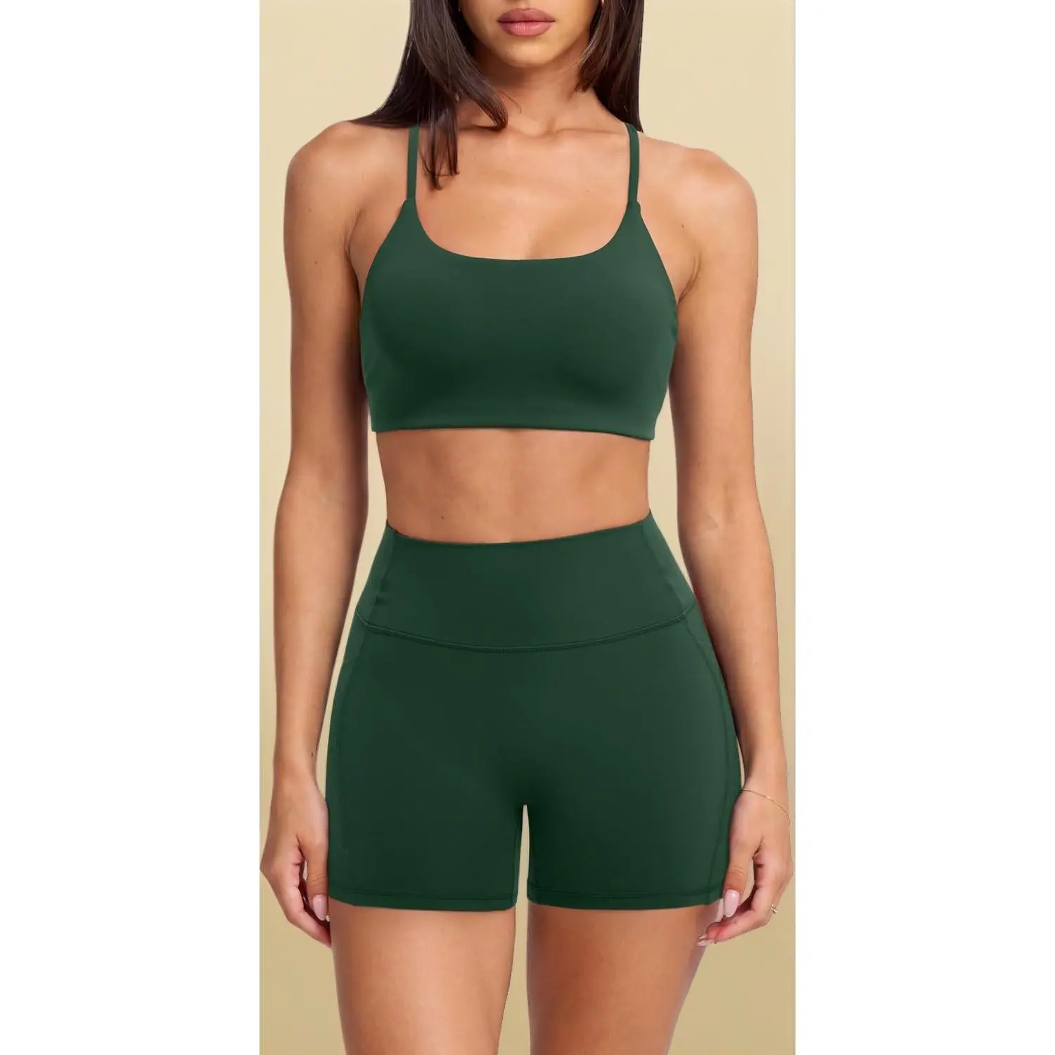 Women 2 Piece Workout Sets Padded Sports Bra High Waisted Shorts With Pockets