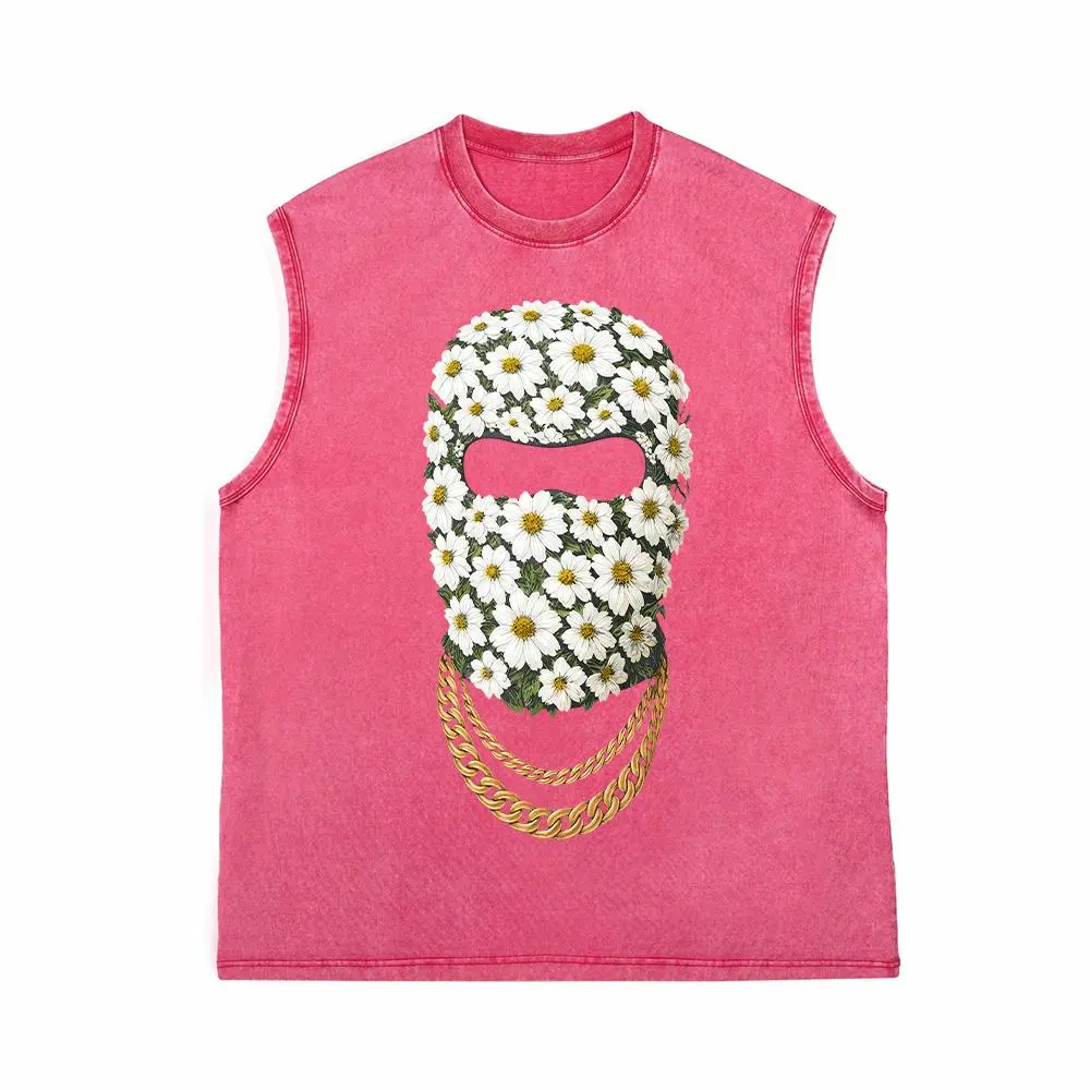 Men's Washed Daisy Balaclava & Chic Elegant Tops - Loose, Sleeveless Printed Vest with Gold Chain Embellishment, Loose Vest, Floral Daisies, Cute, Party, Pure Cotton, Korean, Preppy, Vintage, Fancy
