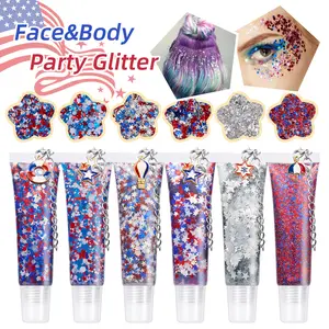 Red, white, and blue face and body glitter gel, Independence Day star-shaped chunky glitter cream, holographic hair, eye, and lip cosmetic glitter